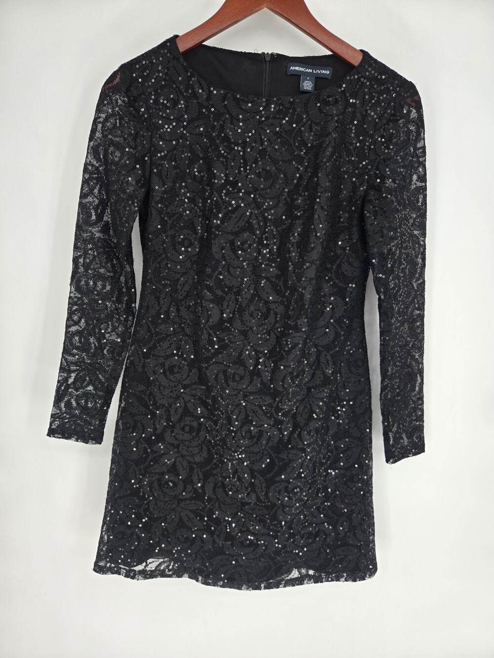 American Living Black Sequin Dress Sheer Long Sleeve Women's 2